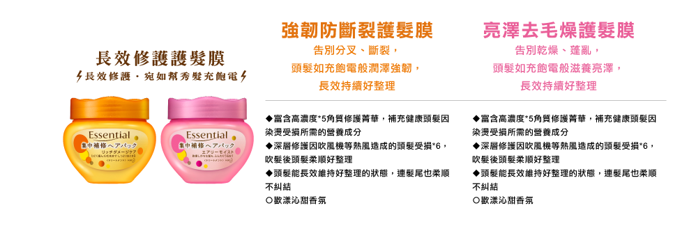 強韌防斷裂護髮膜-告別分叉、斷裂，頭髮如充飽電般潤澤強韌，長效持續好整理/亮澤去毛燥護髮膜-告別乾燥、蓬亂，頭髮如充飽電般滋養亮澤，
長效持續好整理